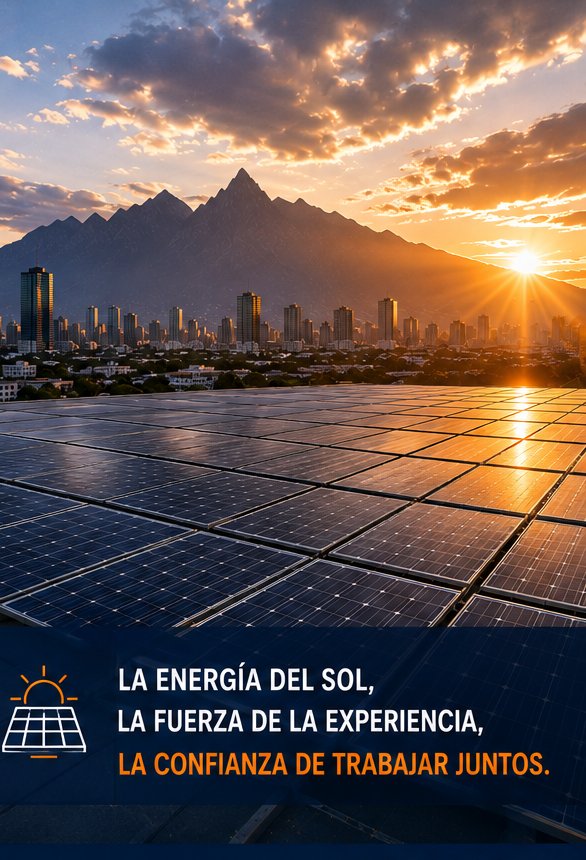 Sistema fotovoltaico en azotea al atardecer con la ciudad de Monterrey y el Cerro de la Silla de fondo