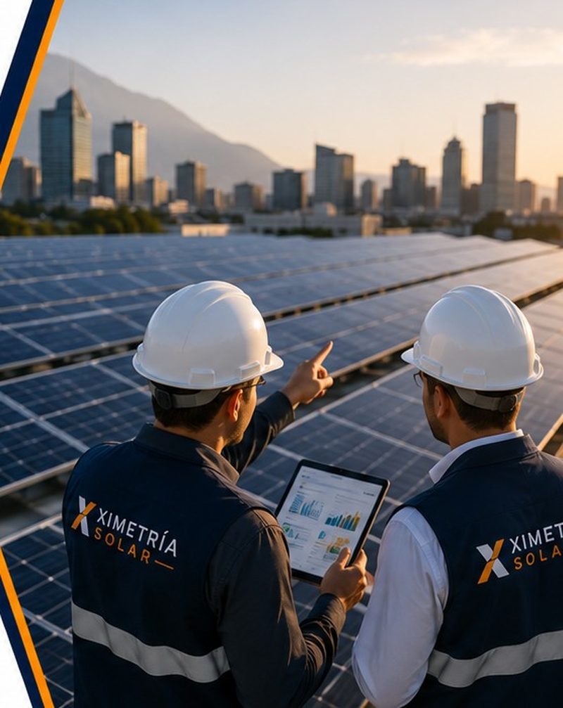 Ingenieros de Ximetría Solar supervisando una instalación fotovoltaica en azotea
