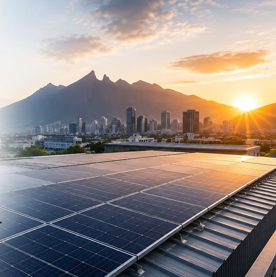 Instalación de paneles solares en azotea con Cerro de la Silla, Monterrey, al fondo