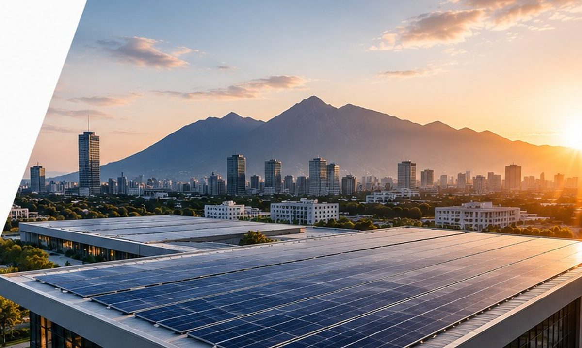 Sistema fotovoltaico instalado en azotea corporativa con vista al Cerro de la Silla